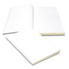 A white notebook with blank pages, featuring a smooth cover and a subtle spine. It has a branding logo.