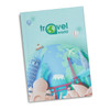 A notebook featuring a light blue cover with a globe design, landmarks, and a logo. It has a travel theme.