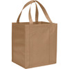 A tan non-woven grocery tote bag with two sturdy handles and a square shape, featuring branding on the side.