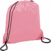 A pink drawstring sportspack featuring black drawstrings and a branding logo.