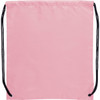 A pink drawstring sportspack with black drawstrings and a logo. Ideal for carrying small items.