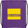 A purple drawstring sportspack featuring a yellow logo. The bag has black drawstrings for closure.