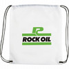 A white drawstring sportspack featuring a logo in green and black. It has black drawstrings for closure.