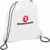 A white drawstring sportspack with black straps and a logo. Suitable for carrying small items.