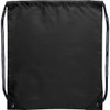 A black drawstring sportspack featuring a logo and two adjustable cords for closure.