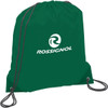 A green drawstring sportspack with a logo, featuring two black cords for closure and carrying.