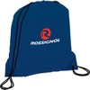 A blue drawstring sportspack with a logo, featuring two black drawstrings for closure and securing items.