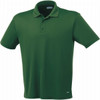 A green short sleeve polo shirt for men with a collar and a logo on the chest.