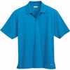 A bright blue men's short sleeve polo shirt with a collar, featuring a logo.