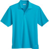 A turquoise short sleeve polo shirt for men, featuring a collar and a logo.