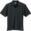 A black short sleeve polo shirt with a collar and a logo on the side.
