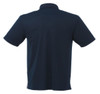 A navy blue men's short sleeve polo shirt featuring a collar and a logo.