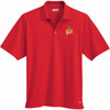 Red short sleeve polo shirt with a collar and a logo on the chest. Features classic polo design.