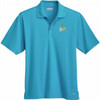 Turquoise men's polo shirt with a collar, three buttons, and a logo on the chest.