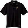 A black short sleeve polo shirt featuring a logo, made for men, with a classic polo design.