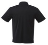 A black short sleeve polo shirt for men, featuring a collar and a logo on the back.