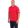 A red short sleeve polo shirt for men with a logo on the sleeve.