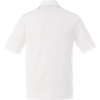 A white men's short sleeve polo shirt with a collar and branding on the back.