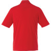A red short sleeve polo shirt with a collar and short sleeves, featuring a logo on the back.