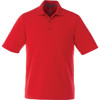 A red men's short sleeve polo shirt with a collar and a front button placket, featuring a logo.