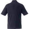 A dark navy short sleeve polo shirt for men with a collar and a plain back. It features a logo on the front.