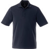 A navy short sleeve polo shirt for men, featuring a three-button placket and a logo on the label.