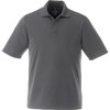 A grey short sleeve polo shirt with a collar and three buttons, featuring a logo on the chest.