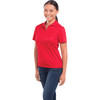 A red women's polo shirt with a collar and short sleeves, featuring a logo on the chest.