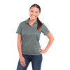 A green short sleeve polo shirt for women, featuring a collar and buttons, worn by a smiling model.