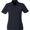 A dark navy women's short sleeve polo shirt with a collar and button placket, featuring a logo.