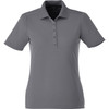 A grey women's polo shirt with a collared neckline, short sleeves, and a button-up placket, featuring a logo.