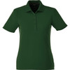 A women's short sleeve polo shirt in dark green with a collar and button placket. Includes a logo.