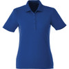 A women's short sleeve polo shirt in blue with a collar and buttons, featuring a logo on the chest.