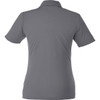 A grey women's short sleeve polo shirt with a collar and a logo. The back view displays a smooth, simple design.