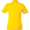 A yellow women's polo shirt featuring short sleeves and a collar, with a branding logo on the back.