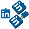 A blue custom USB flash drive shaped like the LinkedIn logo. Includes both the drive and an accompanying logo design.