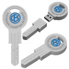 A white USB flash drive shaped like a key, featuring a logo and a silver connector end.