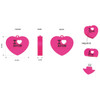 A pink heart-shaped USB flash drive with a logo, featuring front, side, and back views along with dimensions.