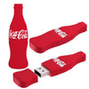 A red USB flash drive shaped like a classic beverage bottle with a logo. It features a removable cap.