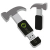 A grey and black custom USB flash drive shaped like a hammer, featuring a logo on its surface.