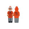A vibrant orange USB flash drive shaped like a cartoon character in a suit and hat, featuring a logo on the back.