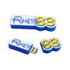 A blue and white 2D custom USB flash drive featuring a logo and the number 83 on it.