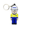 A custom-shaped USB flash drive featuring a cartoon character in a hard hat and work uniform, with a keychain attachment.