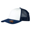 A white and navy trucker cap featuring a mesh back and a logo on the front.