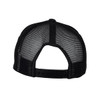 A black trucker cap featuring a mesh back and an adjustable strap. It has a logo on the front.