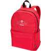 A red laptop backpack with a front pocket and a logo, featuring adjustable shoulder straps.