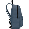 A grey backpack with a zip closure and side pockets, featuring adjustable straps and a simple, sleek design.