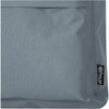 A grey fabric section of a laptop backpack featuring a logo and a textured surface.