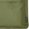 An olive green recycled fabric laptop backpack featuring a logo, showcasing its textured surface.