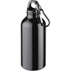 A drink bottle in shiny black, featuring a carabiner for easy attachment and a simple design.